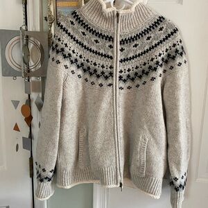 LL Bean Women’s 100% Lambswool Fair Isle Zip Up Sweater Cardigan Sherpa Lined L